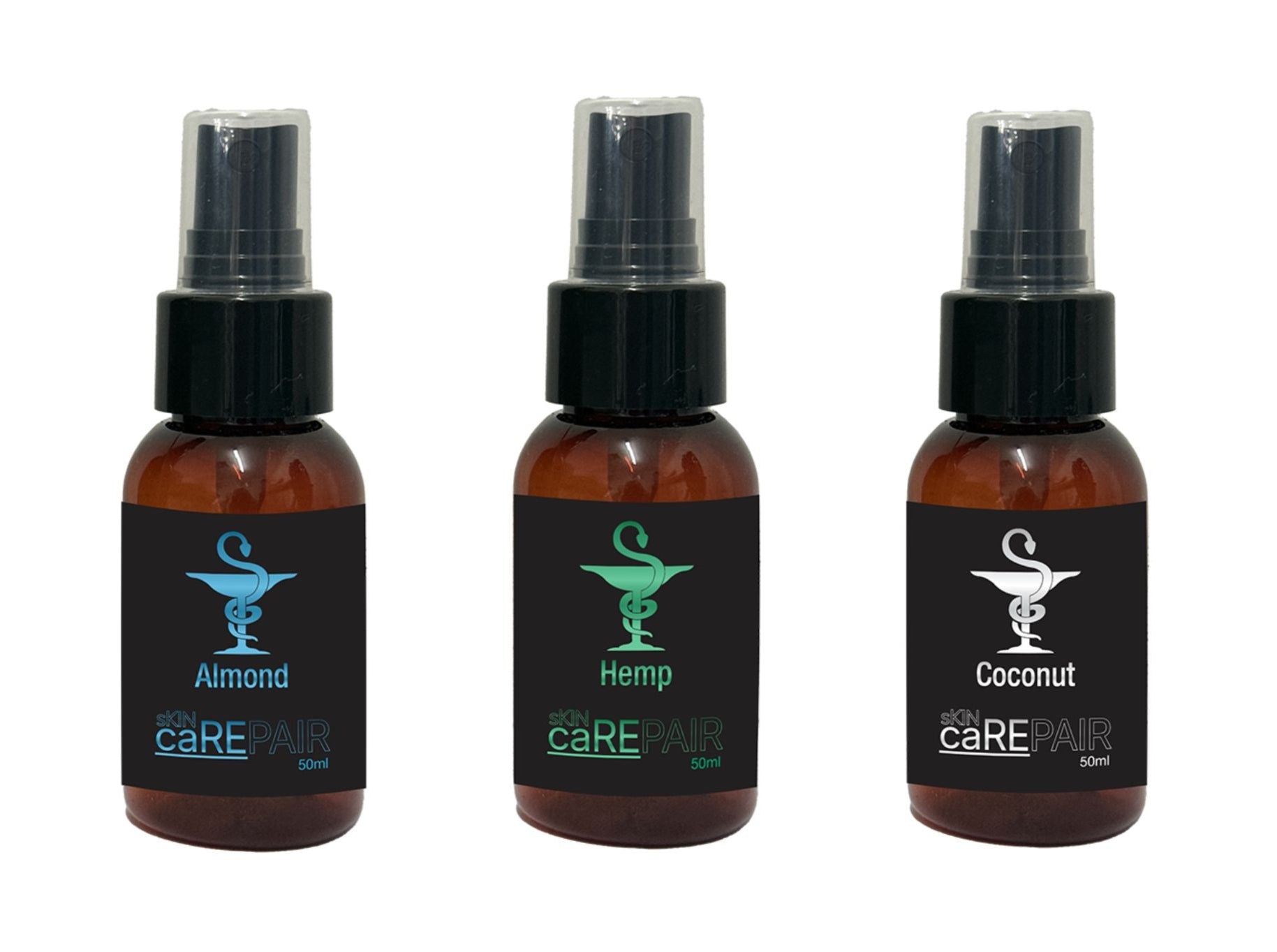Three small spray bottles with a brand logo on a white background