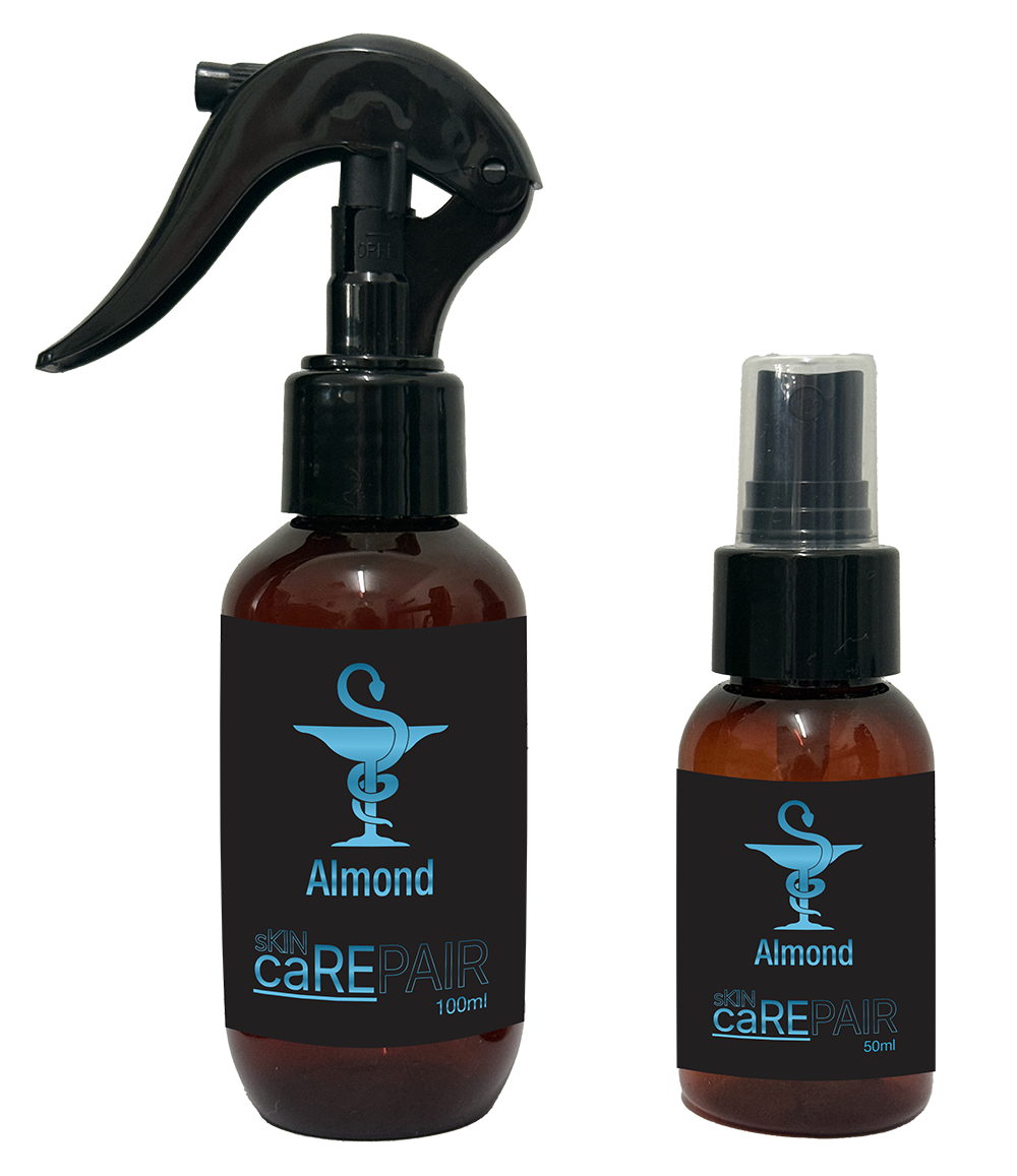 Two bottles of Almond care repair spray on a white background